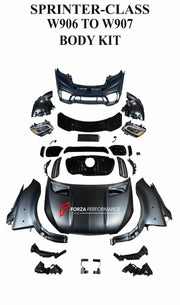 CONVERSION BODY KIT for MERCEDES BENZ SPRINTER W906 2007 - 2018 UPGRADE to SPRINTER W907 2019+ FACELIFT

Set includes:

Front Bumper Assembly
Headlights
Hood Bonnet
Front Fenders

Material: Plastic

Note: Professional installation is required
