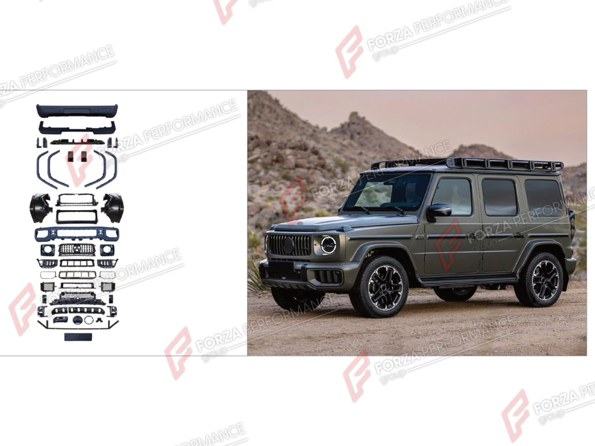 CONVERSION UPGRADE FACELIFT OLD TO NEW BODY KIT for Mercedes-Benz G-Class W464 2019 - 2024 to G-Class W465 G63 2025+
Set includes:

Front Lip
Front Bumper Assembly
Front Grille
License Plate
Front Fender Flares
Rear Fender Flares
Rear Diffuser
Rear Bumper Assembly
Material: Plastic

NOTE: Professional installation is required.