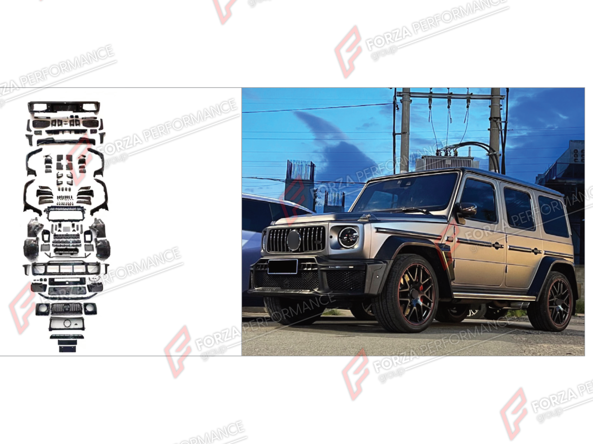 CONVERSION BODY KIT for MERCEDES-BENZ G-CLASS W464 G63 2019 - 2024 UPGRADE to G-CLASS W465 2025+ FORZA PERFORMANCE custom fit B800
Set includes:

Front Lip
Front Bumper Assembly
Front Grille
License Plate
Front Fender Flares
Rear Fender Flares
Rear Spoiler Wing
Rear Diffuser
Rear Bumper Assembly
Material: Plastic

NOTE: Professional installation is required.