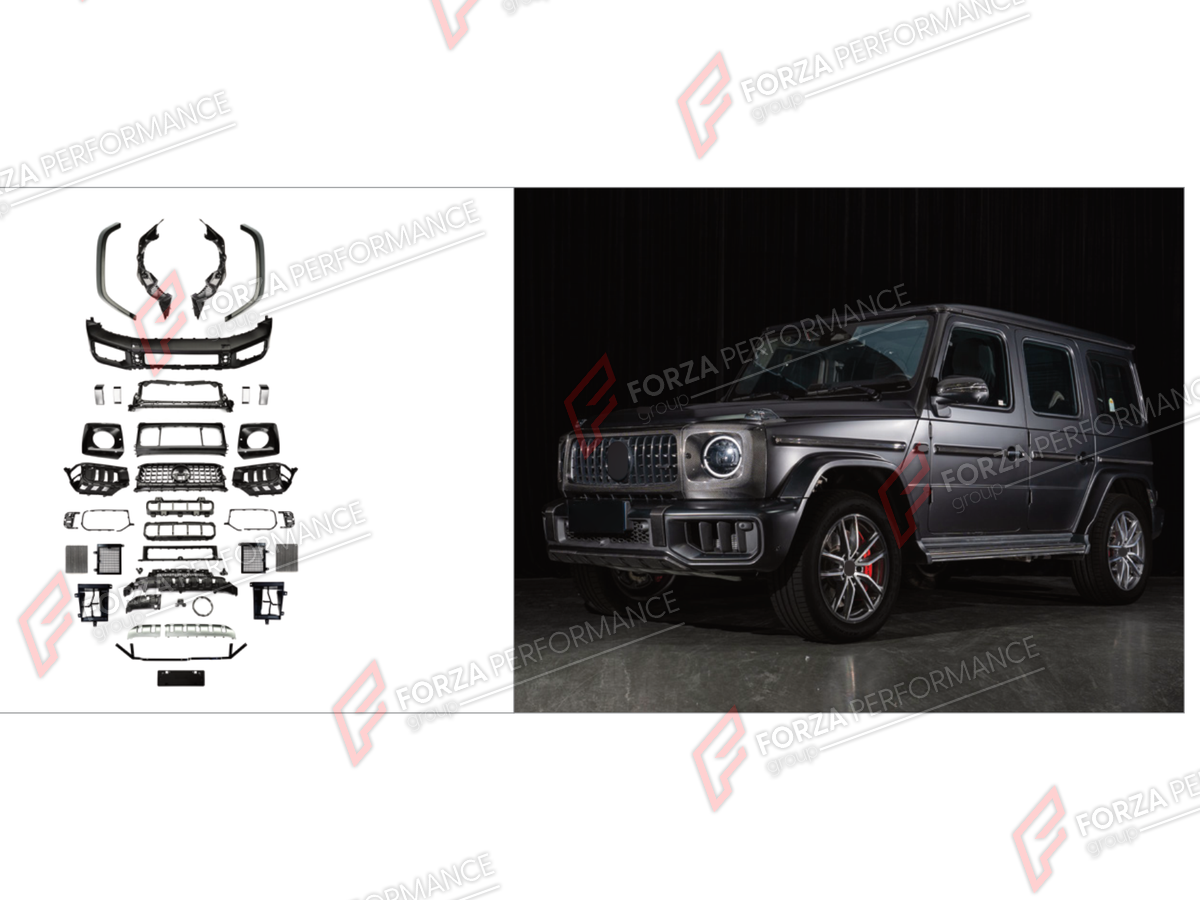 CONVERSION UPGRADE FACELIFT OLD TO NEW BODY KIT for Mercedes-Benz G-Class W465 2025+ to G-Class W465 G63 2025+
Set includes:

Front Lip
Front Bumper Assembly
Front Grille
License Plate
Front Fenders
Material: Plastic

NOTE: Professional installation is required.