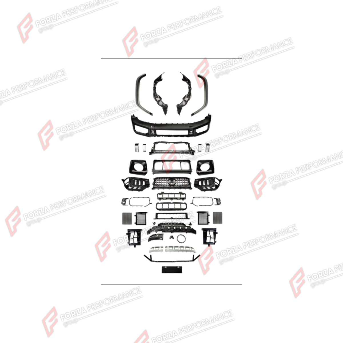 CONVERSION UPGRADE FACELIFT OLD TO NEW BODY KIT for Mercedes-Benz G-Class W465 2025+ to G-Class W465 G63 2025+
Set includes:

Front Lip
Front Bumper Assembly
Front Grille
License Plate
Front Fenders
Material: Plastic

NOTE: Professional installation is required.