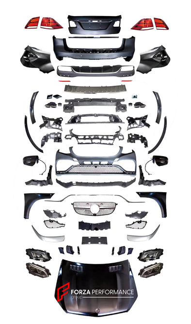 CONVERSION BODY KIT for MERCEDES-BENZ ML W164 2005 - 2011 to GLE 63 W166 AMG 2015 - 2019  Set includes:  Front Bumper Front Grille Front Hood Fender Ducts Over Fenders Rear Bumper Rear Diffuser Exhaust Pipes Headlights Tail lights