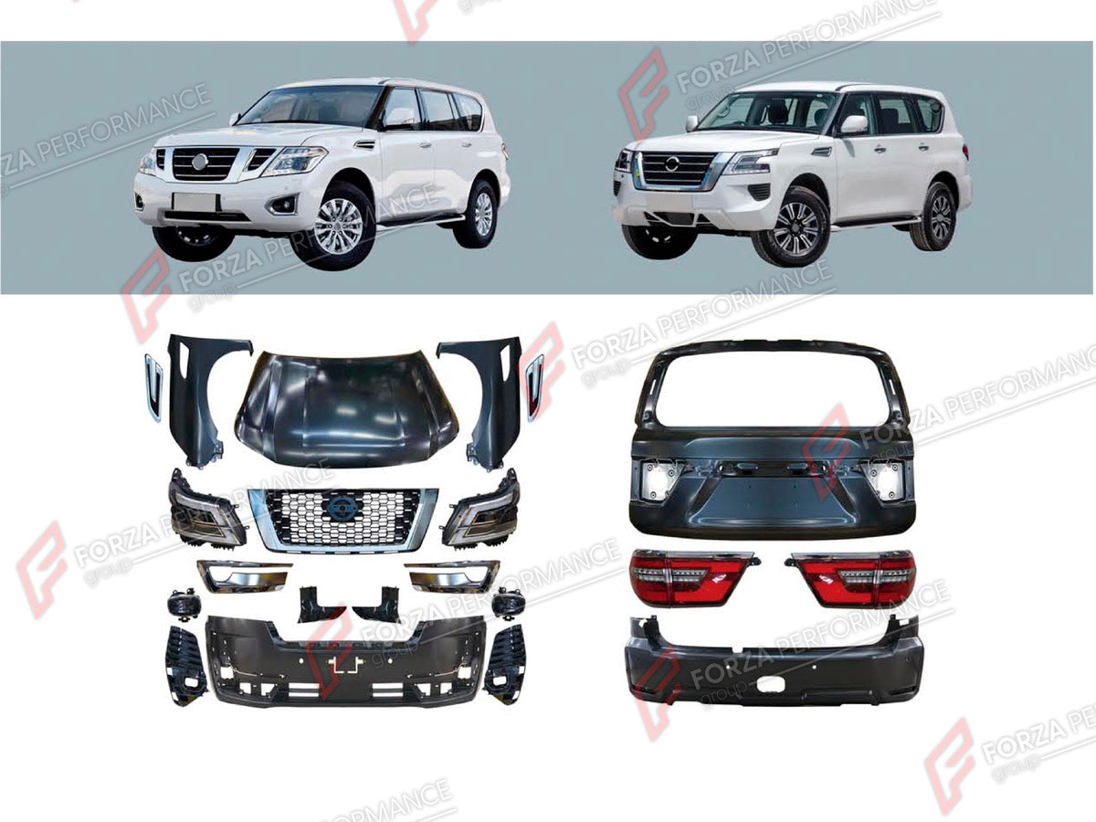 CONVERSION BODY KIT for NISSAN PATROL Y62 2014 - 2020 UPGRADE to PATROL Y62 FACELIFT 2020+

Set includes:
Front Bumper Assembly
Front Grille
Headlights
Hood Bonnet
Fenders
Tail Lights
Rear Bumper Assembly
Rear Diffuser

Material: Plastic

NOTE: Professional installation is required.