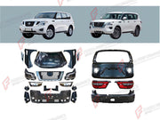 CONVERSION BODY KIT for NISSAN PATROL Y62 2014 - 2020 UPGRADE to PATROL Y62 FACELIFT 2020+

Set includes:
Front Bumper Assembly
Front Grille
Headlights
Hood Bonnet
Fenders
Tail Lights
Rear Bumper Assembly
Rear Diffuser

Material: Plastic

NOTE: Professional installation is required.