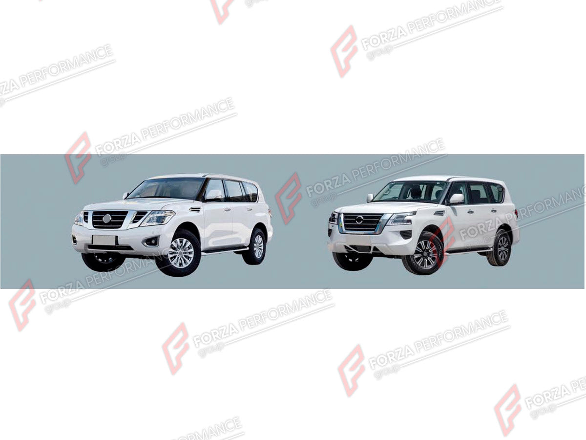 CONVERSION BODY KIT for NISSAN PATROL Y62 2014 - 2020 UPGRADE to PATROL Y62 FACELIFT 2020+

Set includes:
Front Bumper Assembly
Front Grille
Headlights
Hood Bonnet
Fenders
Tail Lights
Rear Bumper Assembly
Rear Diffuser

Material: Plastic

NOTE: Professional installation is required.
