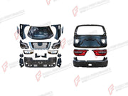 CONVERSION BODY KIT for NISSAN PATROL Y62 2014 - 2020 UPGRADE to PATROL Y62 FACELIFT 2020+

Set includes:
Front Bumper Assembly
Front Grille
Headlights
Hood Bonnet
Fenders
Tail Lights
Rear Bumper Assembly
Rear Diffuser

Material: Plastic

NOTE: Professional installation is required.