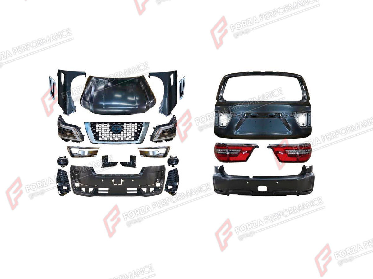 CONVERSION BODY KIT for NISSAN PATROL Y62 2014 - 2020 UPGRADE to PATROL Y62 FACELIFT 2020+

Set includes:
Front Bumper Assembly
Front Grille
Headlights
Hood Bonnet
Fenders
Tail Lights
Rear Bumper Assembly
Rear Diffuser

Material: Plastic

NOTE: Professional installation is required.