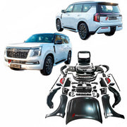 CONVERSION UPGRADE FACELIFT OLD TO NEW BODY KIT for Nissan Patrol Y62 2014 - 2020 to Y63 2024+
Set includes:

Front Lip
Front Bumper Assembly
Front Grille
Hood Bonnet
Front Fenders
Front Fender Vents
Side Mirror Covers
Side Skirts
Rear Fenders
Roof Spoiler
Rear Bumper
Rear Diffuser
Material: Plastic and Aluminum

NOTE: Professional installation is required.