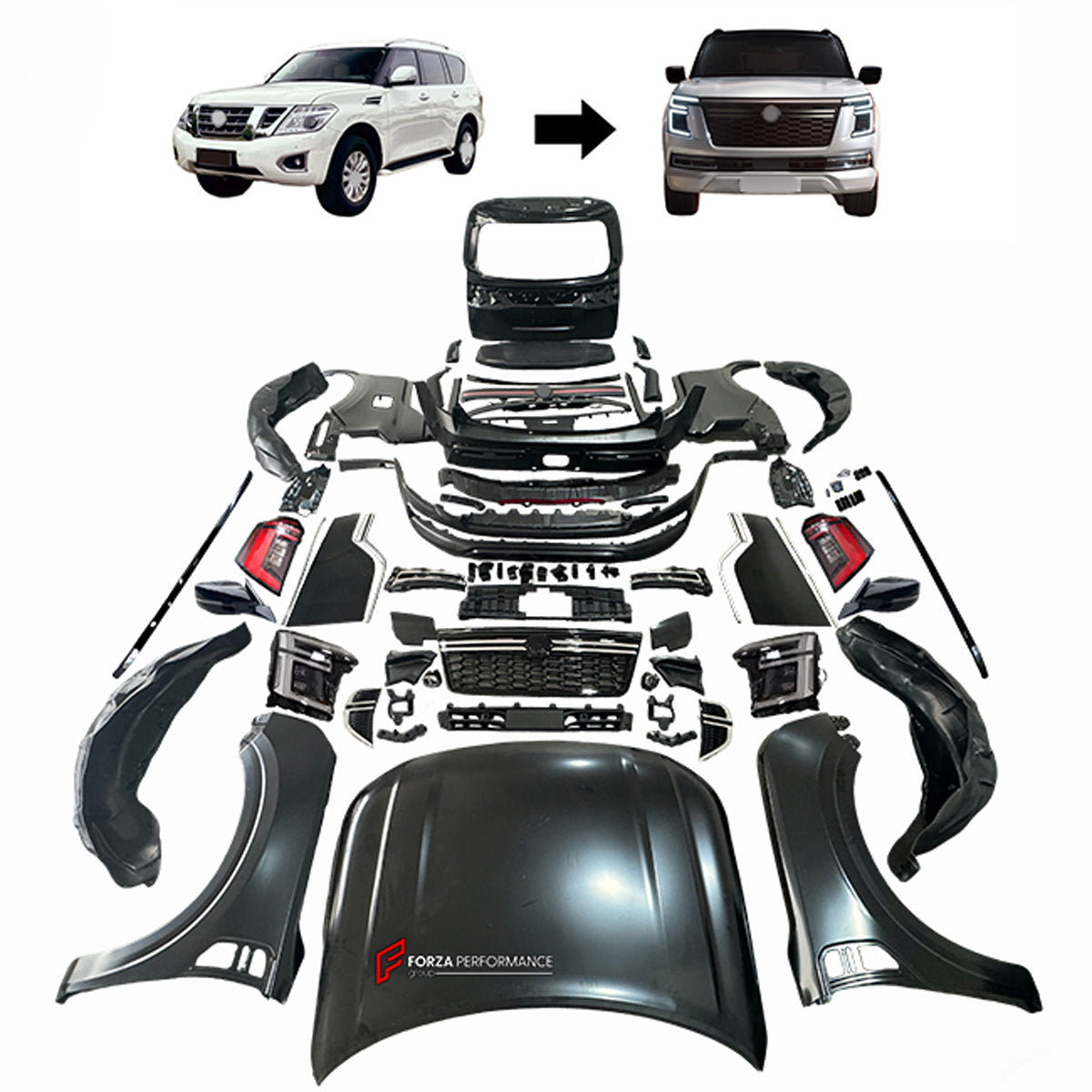 CONVERSION UPGRADE FACELIFT OLD TO NEW BODY KIT for Nissan Patrol Y62 2014 - 2020 to Y63 2024+
Set includes:

Front Lip
Front Bumper Assembly
Front Grille
Hood Bonnet
Front Fenders
Front Fender Vents
Side Mirror Covers
Side Skirts
Rear Fenders
Roof Spoiler
Rear Bumper
Rear Diffuser
Material: Plastic and Aluminum

NOTE: Professional installation is required.