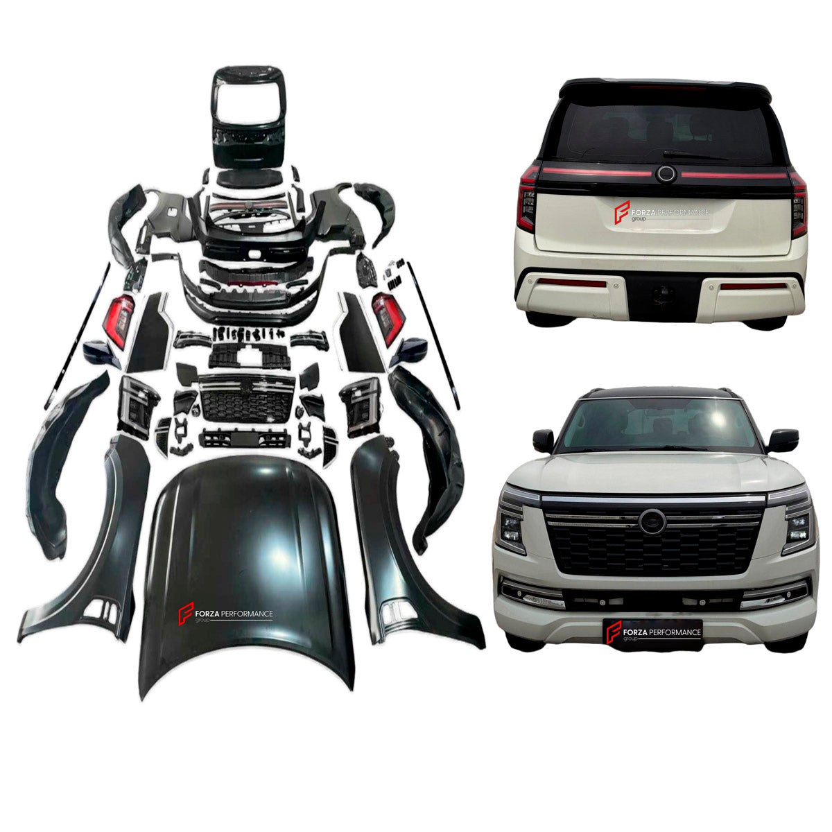 CONVERSION UPGRADE FACELIFT OLD TO NEW BODY KIT for Nissan Patrol Y62 2014 - 2020 to Y63 2024+
Set includes:

Front Lip
Front Bumper Assembly
Front Grille
Hood Bonnet
Front Fenders
Front Fender Vents
Side Mirror Covers
Side Skirts
Rear Fenders
Roof Spoiler
Rear Bumper
Rear Diffuser
Material: Plastic and Aluminum

NOTE: Professional installation is required.