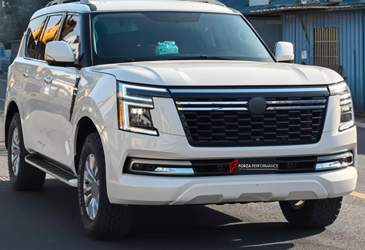 CONVERSION UPGRADE FACELIFT OLD TO NEW BODY KIT for Nissan Patrol Y62 2014 - 2020 to Y63 2024+
Set includes:

Front Lip
Front Bumper Assembly
Front Grille
Hood Bonnet
Front Fenders
Front Fender Vents
Side Mirror Covers
Side Skirts
Rear Fenders
Roof Spoiler
Rear Bumper
Rear Diffuser
Material: Plastic and Aluminum

NOTE: Professional installation is required.