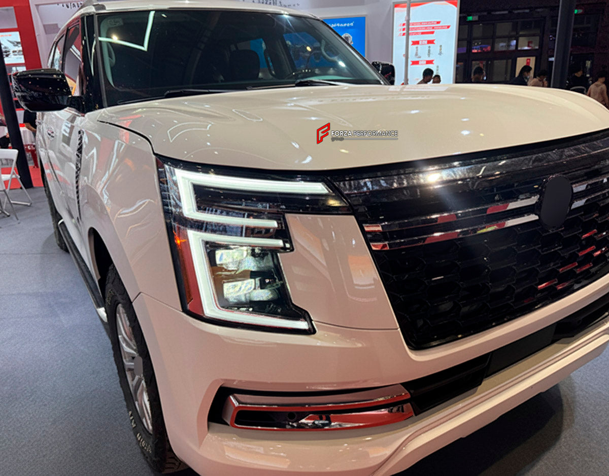 CONVERSION UPGRADE FACELIFT OLD TO NEW BODY KIT for Nissan Patrol Y62 2014 - 2020 to Y63 2024+
Set includes:

Front Lip
Front Bumper Assembly
Front Grille
Hood Bonnet
Front Fenders
Front Fender Vents
Side Mirror Covers
Side Skirts
Rear Fenders
Roof Spoiler
Rear Bumper
Rear Diffuser
Material: Plastic and Aluminum

NOTE: Professional installation is required.