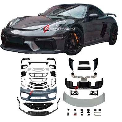 CONVERSION BODY KIT for PORSCHE 718 981 CAYMAN BOXSTER UPGRADE to GT4 2016+

Set includes:

Front Lip
Front Bumper

Front Fenders

Front Vent Covers
Hood / Bonnet
Rear Spoiler
Rear Bumper
Rear Fenders
Rear Diffuser

Exhaust System

Material: Carbon + Plastic