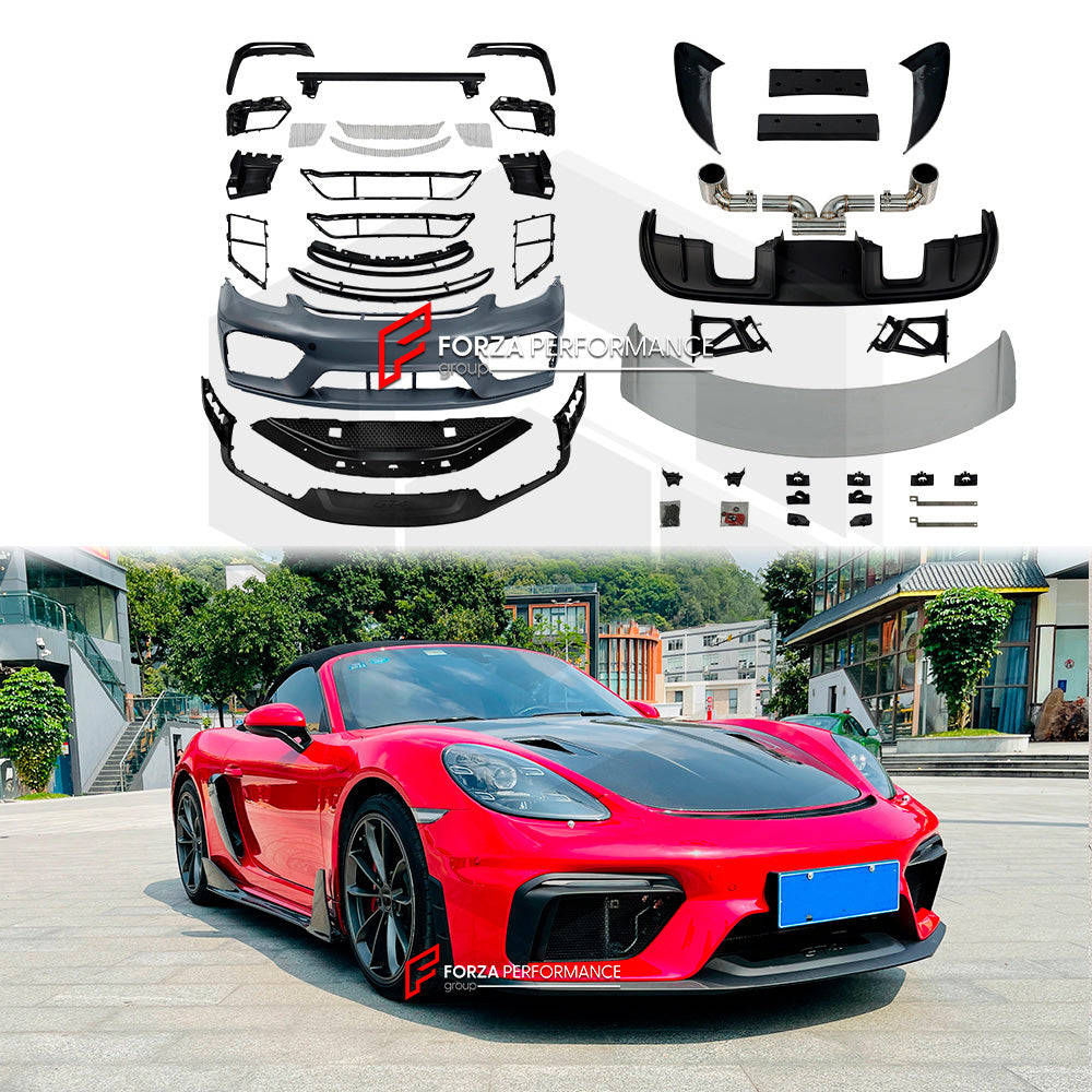 CONVERSION BODY KIT for PORSCHE 718 982 BOXSTER CAYMAN UPGRADE to GT4 2016+

Set includes:

Front Bumper
Front Lip
Front Fenders
Front Vent Covers
Side Mirrors
Rear Bumper
Rear Fenders
Rear Diffuser
Rear Spoiler
Exhaust System

Material: Carbon + Plastic

NOTE: Professional installation is required. Factory LED DRL must be reused

CONTACT US FOR PRICING

Payment ►
Visa
Mastercard
PayPal with a credit card (add 4.4% at checkout)
Payoneer
Cryptocurrency

Shipment ►
By express DHL/UPS/TNT/FedEx
To the local in