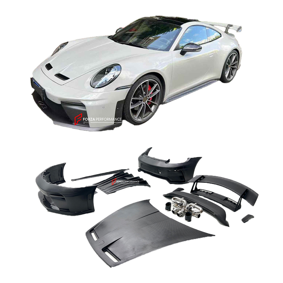 CONVERSION BODY KIT for PORSCHE 911 992.1 CARRERA 2019 - 2023 to 992.2 GT3

Set includes:
Front Bumper Assembly
Hood / Bonnet
Side Skirts
Rear Spoiler
Rear Bumper
Rear Diffuser
Muffler With Valves
Exhaust Tips

Material: Dry Carbon

NOTE: Professional installation is required