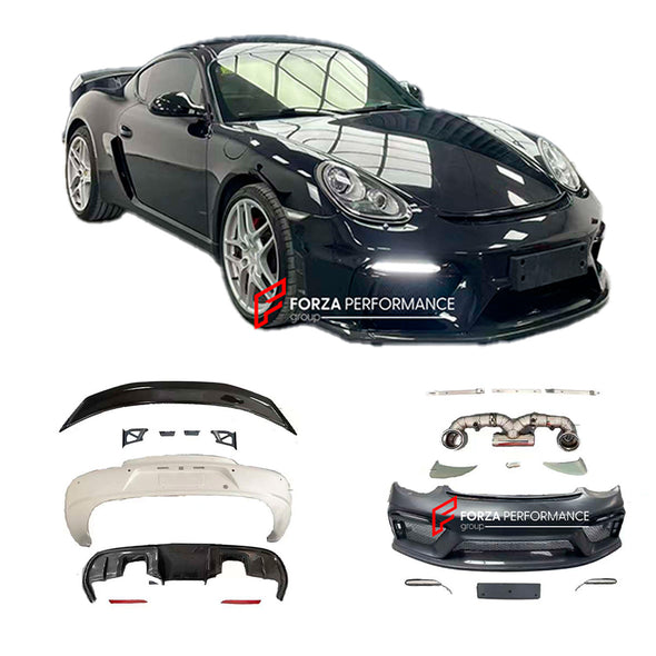 CONVERSION UPGRADE BODY KIT for PORSCHE BOXTER CAYMAN 987 2005 - 2013 to 718 982 GT4 2016+

Set includes:

Front Bumper Assembly
Rear Spoiler
Rear Bumper
Rear Diffuser
Catback Muffler

Material: Fiberglass