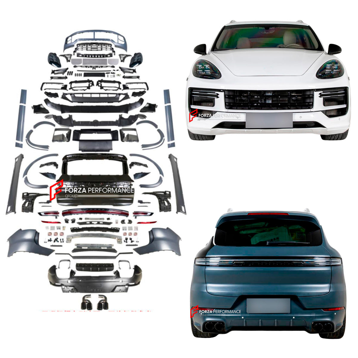 CONVERSION BODY KIT for PORSCHE CAYENNE 958.1 2011 - 2014 to CAYENNE GTS SD 9YO.2 2024+

Set includes:

Front Bumper Assembly
Front Grille

Headlights
Fender Flares
Side Skirts
Fender Flares
Trunk
Taillights
Rear Bumper Assembly
Rear Diffuser
Exhaust Tips

Material: Carbon + Plastic

NOTE: Option of Black/Red Taillights, Short/Long Exhaust Tips are availabe. Professional installation is required.

Why “Contact Us for Pricing”?

We don’t display fixed prices because our goal is to offer you the most competit