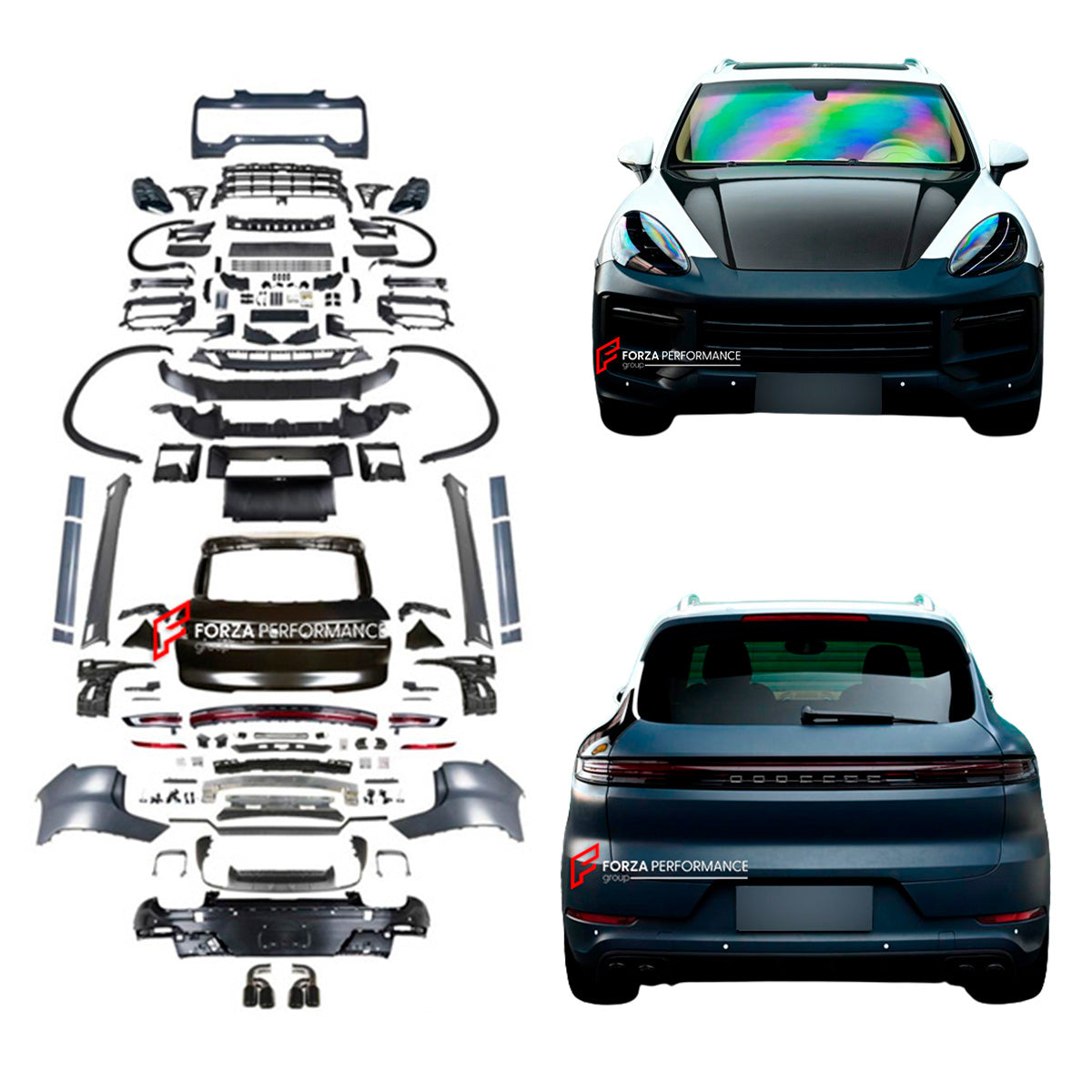 CONVERSION BODY KIT for PORSCHE CAYENNE 958.1 2011 - 2014 to CAYENNE TURBO 9YO.2 2024

Set includes:

Front Bumper Assembly
Front Grille

Headlights
Fender Flares
Side Skirts
Fender Flares
Trunk
Taillights
Rear Bumper Assembly
Rear Diffuser
Exhaust Tips

Material: Carbon + Plastic

NOTE: Option of Black/Red Taillights, Short/Long Exhaust Tips are availabe. Professional installation is required.

Why “Contact Us for Pricing”?

We don’t display fixed prices because our goal is to offer you the most competitiv