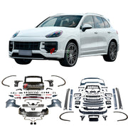 CONVERSION BODY KIT for PORSCHE CAYENNE 958.2 2015 - 2018 to 9Y0.2 TURBO GT 2023+

Set includes:

Front Bumper Assembly
Front Grille

Fender Flares
Side Skirts
Trunk
Tail Lights
Rear Bumper
Rear Diffuser

Exhaust Tips

Material: Plastic, Stainless steel.