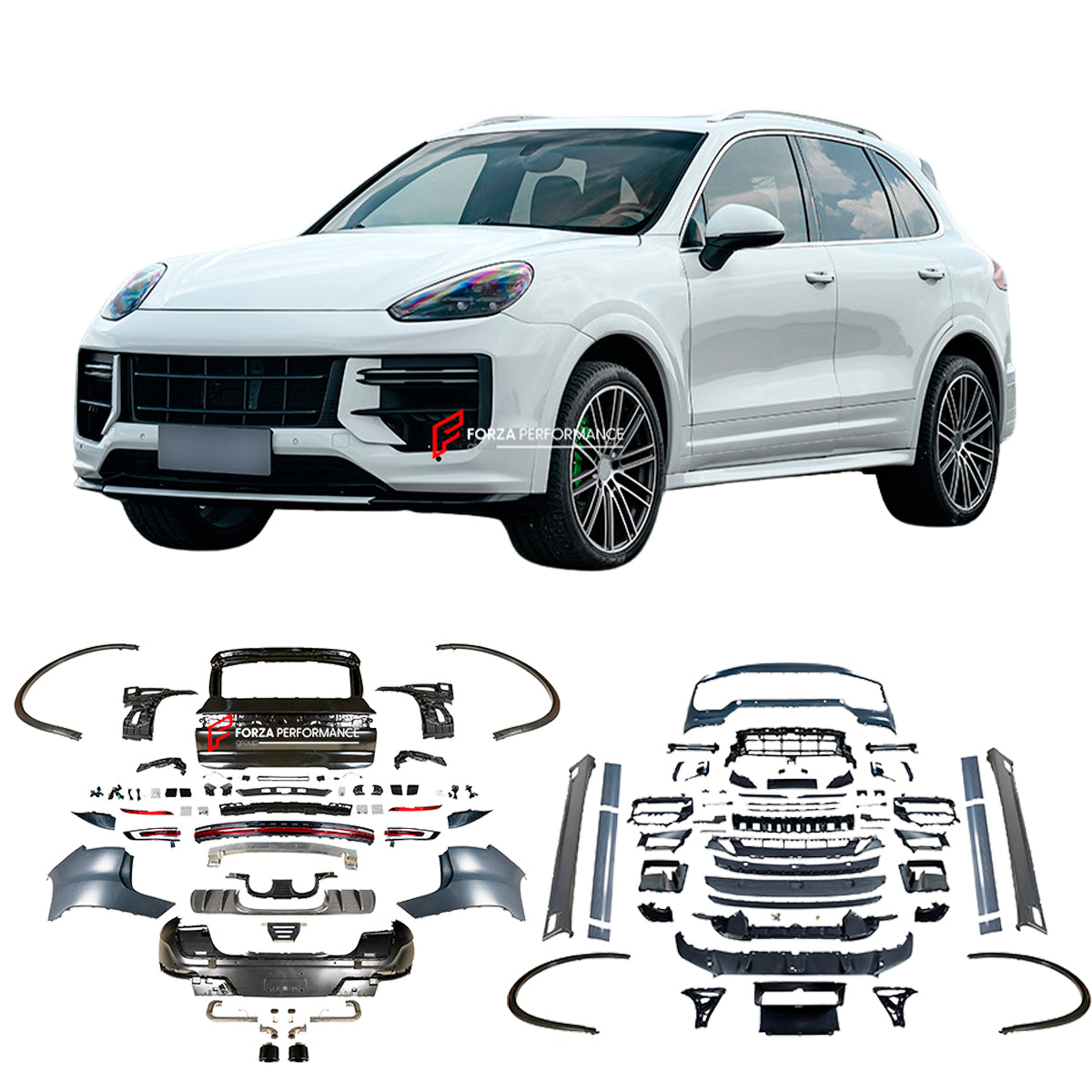 CONVERSION BODY KIT for PORSCHE CAYENNE 958.2 2015 - 2018 to 9Y0.2 TURBO GT 2023+

Set includes:

Front Bumper Assembly
Front Grille

Fender Flares
Side Skirts
Trunk
Tail Lights
Rear Bumper
Rear Diffuser

Exhaust Tips

Material: Plastic, Stainless steel.