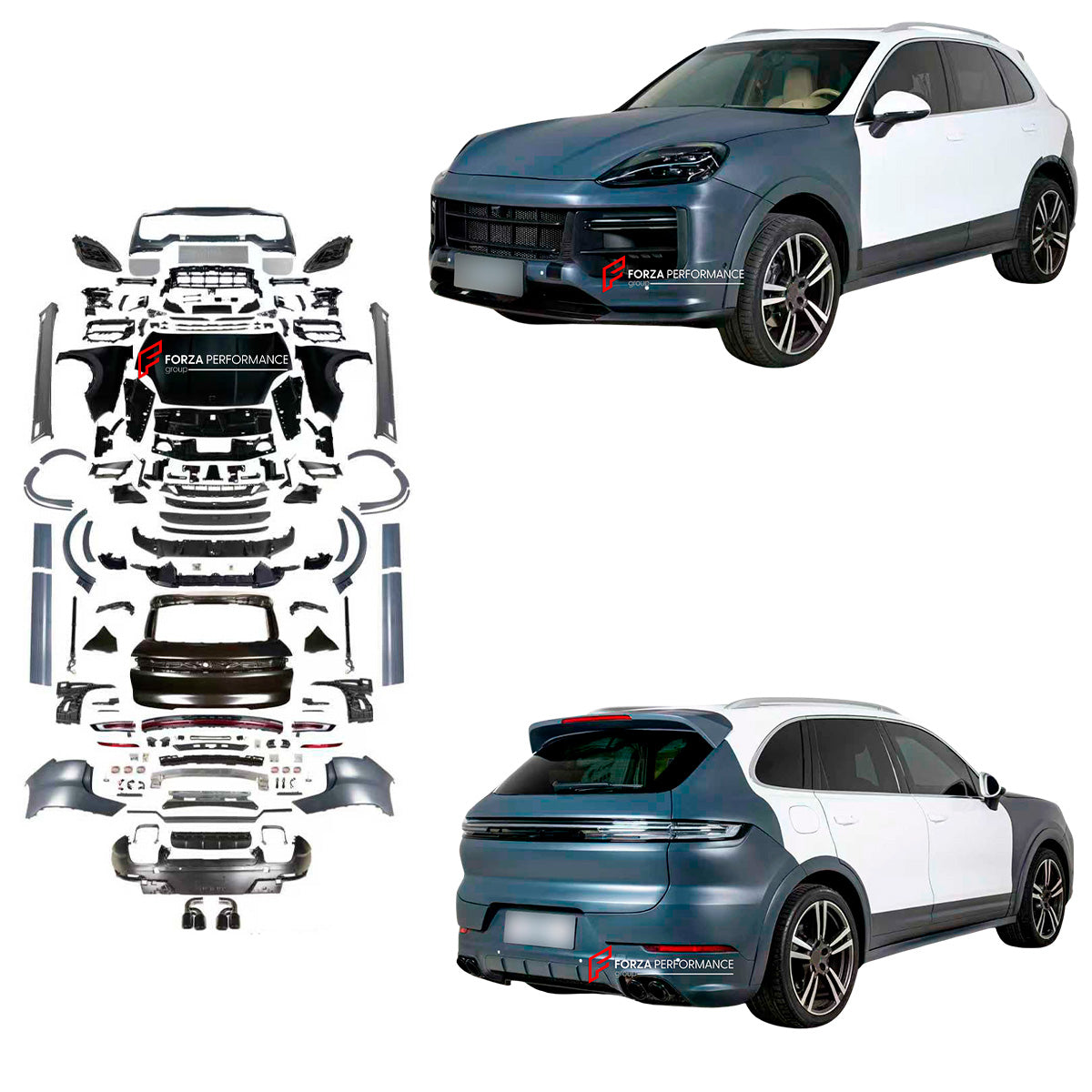 CONVERSION BODY KIT for PORSCHE CAYENNE 958.1 958.2 2011 - 2018 UPGRADE to 9Y0.2 2023+ FACELIFT

Set includes:

Front Bumper Assembly
Front Grille

Headlights
Hood Bonnet

Front Fenders

Front Fender Flares
Side Skirts
Roof Spoiler
Trunk
Tail Lights
Rear Bumper
Rear Diffuser

Exhaust Tips

Material: Plastic

NOTE: Professional installation is required.

Why “Contact Us for Pricing”?

We don’t display fixed prices because our goal is to offer you the most competitive deal possible. Product costs often decrea