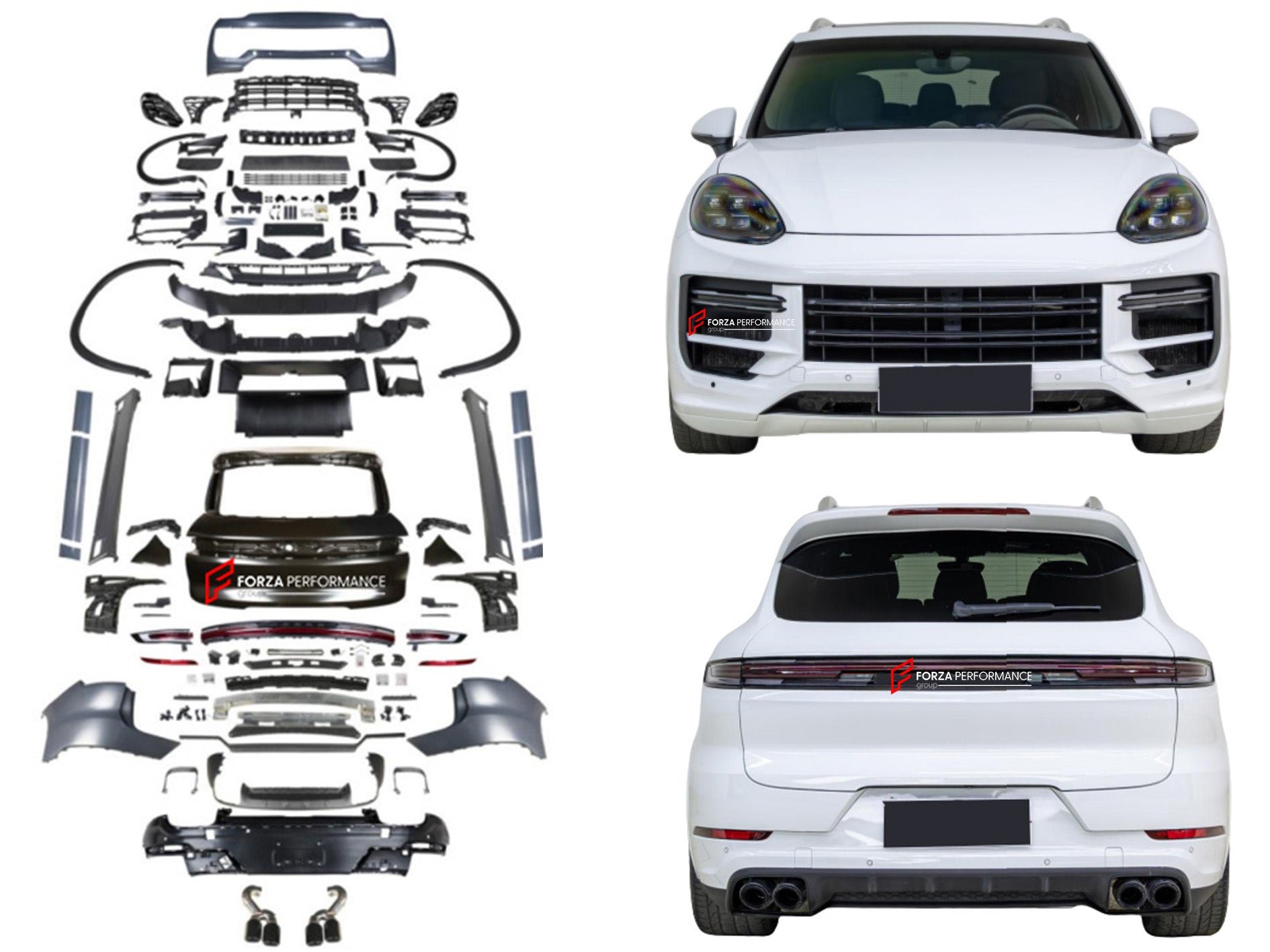 CONVERSION BODY KIT for PORSCHE CAYENNE 958.2 2015 - 2018 to 9Y0.2 TURBO 2023+

Set includes:

Front Bumper Assembly
Front Grille

Fender Flares
Side Skirts
Trunk
Tail Lights
Rear Bumper
Rear Diffuser

Exhaust Tips

Material: Plastic, Stainless steel.

NOTE: Professional installation is required.

CONTACT US FOR PRICING.

Why “Contact Us for Pricing”?

We don’t display fixed prices because our goal is to offer you the most competitive deal possible. Product costs often decrease over time, and by requesting 