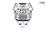 CONVERSION BODY KIT for PORSCHE CAYENNE 9Y0 FACELIFT to TURBO GT 9Y0 FACELIFT

Set includes:

Front Lip
Front Bumper Assembly
Front Grille

Fender Flares
Side Skirts
Rear Bumper
Rear Diffuser
Exhaust Tips

Material: Plastic PP

NOTE: Professional installation is required.