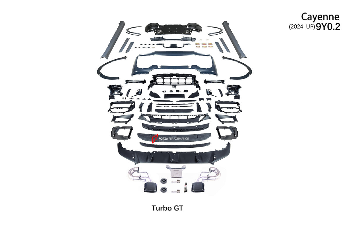 CONVERSION BODY KIT for PORSCHE CAYENNE 9Y0 FACELIFT to TURBO GT 9Y0 FACELIFT

Set includes:

Front Lip
Front Bumper Assembly
Front Grille

Fender Flares
Side Skirts
Rear Bumper
Rear Diffuser
Exhaust Tips

Material: Plastic PP

NOTE: Professional installation is required.