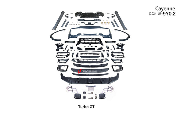 CONVERSION BODY KIT for PORSCHE CAYENNE 9Y0 FACELIFT to TURBO GT 9Y0 FACELIFT

Set includes:

Front Lip
Front Bumper Assembly
Front Grille

Fender Flares
Side Skirts
Rear Bumper
Rear Diffuser
Exhaust Tips

Material: Plastic PP

NOTE: Professional installation is required.