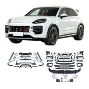 CONVERSION BODY KIT for PORSCHE CAYENNE 9Y0 FACELIFT to TURBO GT 9Y0 FACELIFT

Set includes:

Front Lip
Front Bumper Assembly
Front Grille

Fender Flares
Side Skirts
Rear Bumper
Rear Diffuser
Exhaust Tips

Material: Plastic PP

NOTE: Professional installation is required.