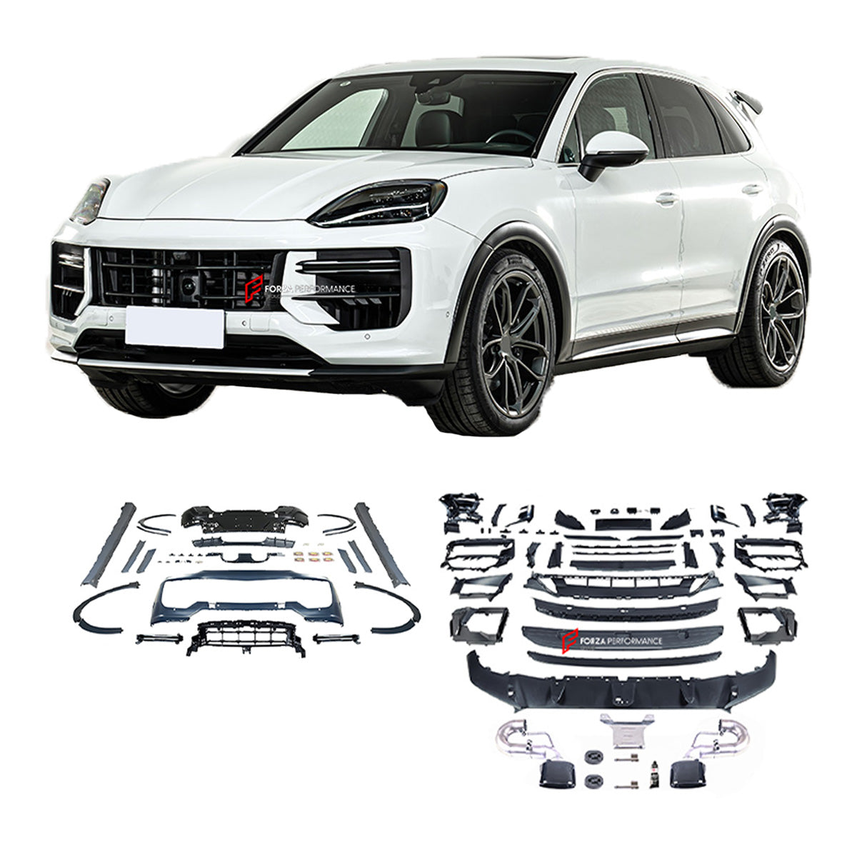 CONVERSION BODY KIT for PORSCHE CAYENNE 9Y0 FACELIFT to TURBO GT 9Y0 FACELIFT

Set includes:

Front Lip
Front Bumper Assembly
Front Grille

Fender Flares
Side Skirts
Rear Bumper
Rear Diffuser
Exhaust Tips

Material: Plastic PP

NOTE: Professional installation is required.