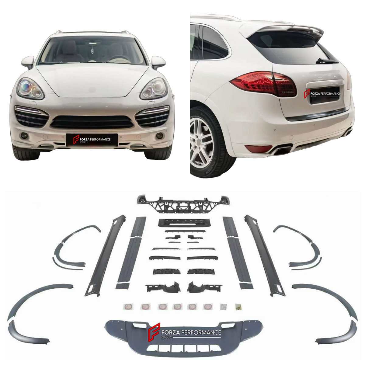 CONVERSION BODY KIT for PORSCHE CAYENNE E2 958.1 2010 - 2014 UPGRADE to CAYENNE GTS 2010 - 2014 FORZA PERFORMANCE custom fit GTS

Set includes:
Front Bumper Guard
Fender Flares
Body Side Door Moldings
Side Skirts
Rear Diffuser

Material: Plastic

NOTE: Professional installation is required.