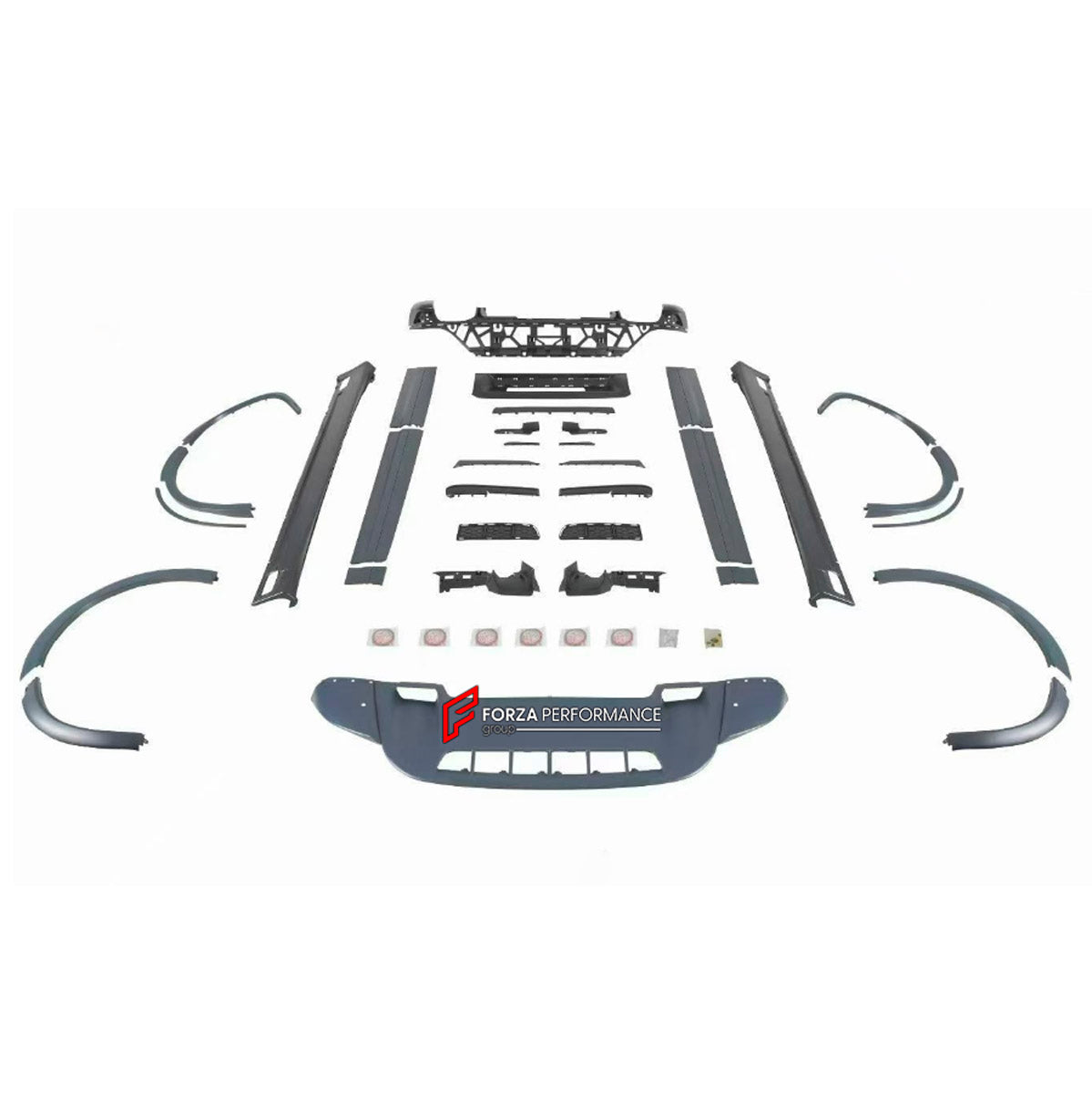 CONVERSION BODY KIT for PORSCHE CAYENNE E2 958.1 2010 - 2014 UPGRADE to CAYENNE GTS 2010 - 2014 FORZA PERFORMANCE custom fit GTS

Set includes:
Front Bumper Guard
Fender Flares
Body Side Door Moldings
Side Skirts
Rear Diffuser

Material: Plastic

NOTE: Professional installation is required.