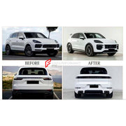 CONVERSION BODY KIT for PORSCHE CAYENNE E3 9Y0.1 2018 - 2023 UPGRADE to PORSCHE CAYENNE E3 9Y0.2 GT 2024+

Set includes:

Front Bumper Assembly
DRL Lights
Hood Bonnet
Front Fenders
Fender Flares
Side Skirts
Roof Spoiler
Trunk Cover
Rear Bumper
Rear Diffuser

Material: Plastic PP

Note: Professional installation is required.