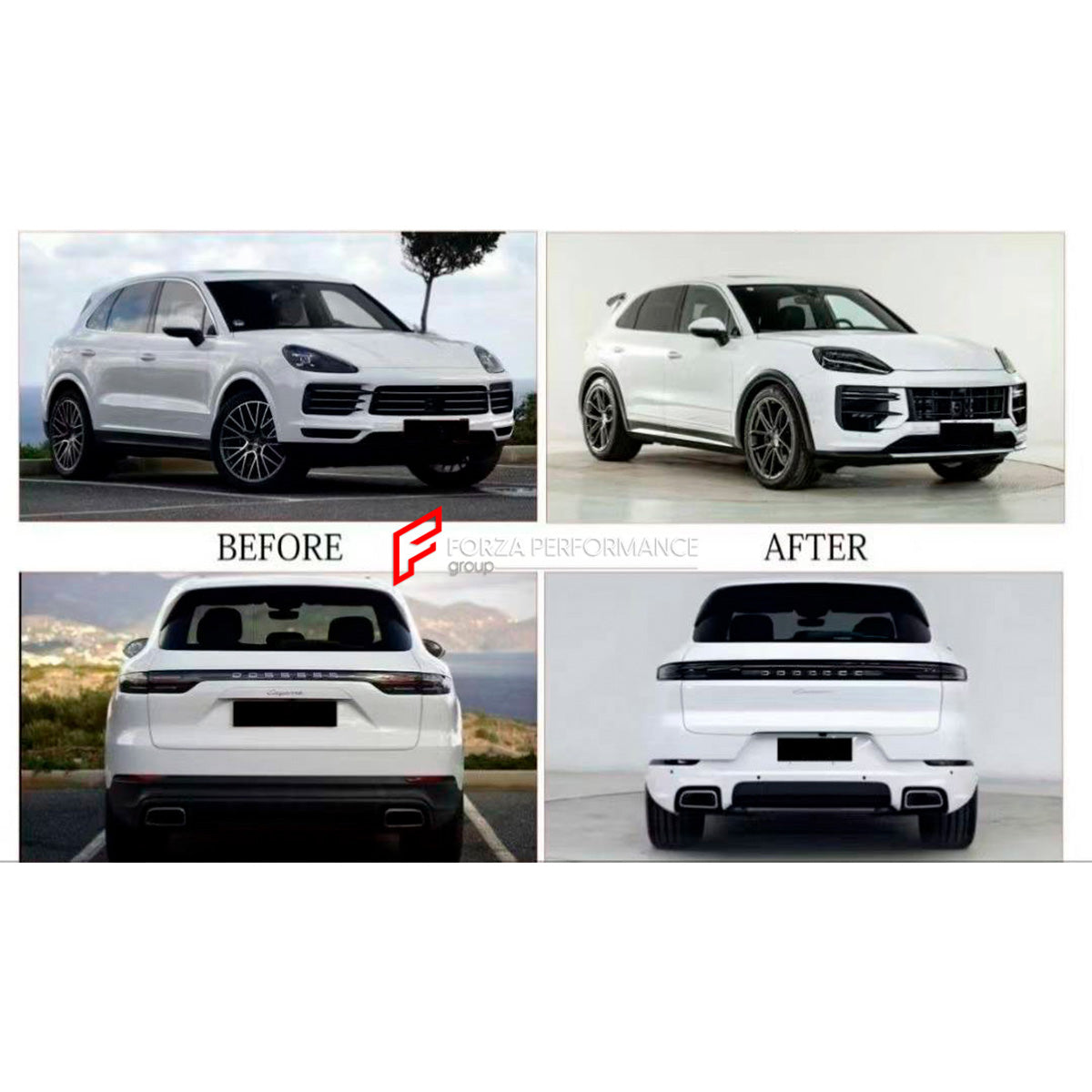 CONVERSION BODY KIT for PORSCHE CAYENNE E3 9Y0.1 2018 - 2023 UPGRADE to PORSCHE CAYENNE E3 9Y0.2 GT 2024+

Set includes:

Front Bumper Assembly
DRL Lights
Hood Bonnet
Front Fenders
Fender Flares
Side Skirts
Roof Spoiler
Trunk Cover
Rear Bumper
Rear Diffuser

Material: Plastic PP

Note: Professional installation is required.