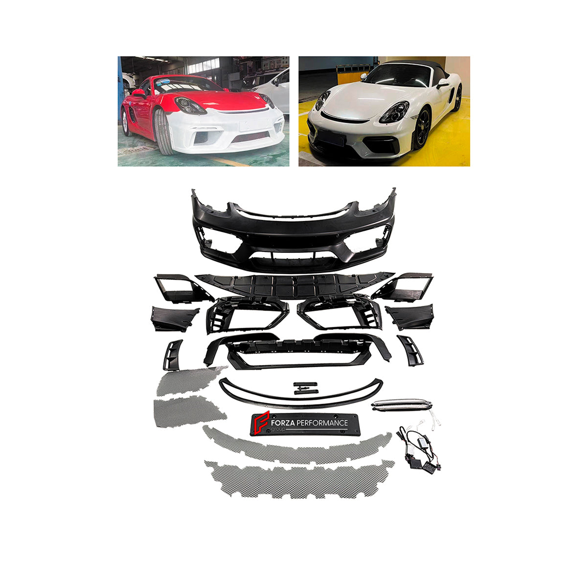 CONVERSION UPGRADE FACELIFT OLD TO NEW BODY KIT for Porsche Cayman 981 2013 - 2016 to Porsche 718 982 GT4 2016 - 2025
Set includes:

Front Lip
Front Bumper Assembly
Front Grille
License Plate
Material: Plastic

NOTE: Professional installation is required.