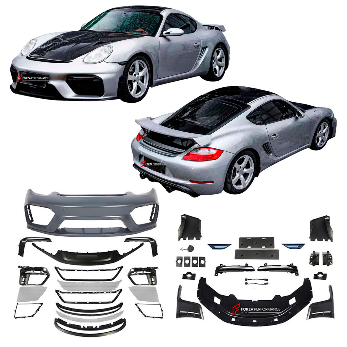 CONVERSION UPGRADE FACELIFT OLD TO NEW BODY KIT for Porsche Cayman 987 2005 - 2013 to 718 982 GT4 2016+
Set includes:

Front Lip
Front Bumper Air Vent Trims
Front Bumper Fins
Front Grille
Led Light Covers / Front Fascia Attachments
License Plate
Rear Bumper Assembly
Rear Diffuser
Material: Plastic

NOTE: Professional installation is required.