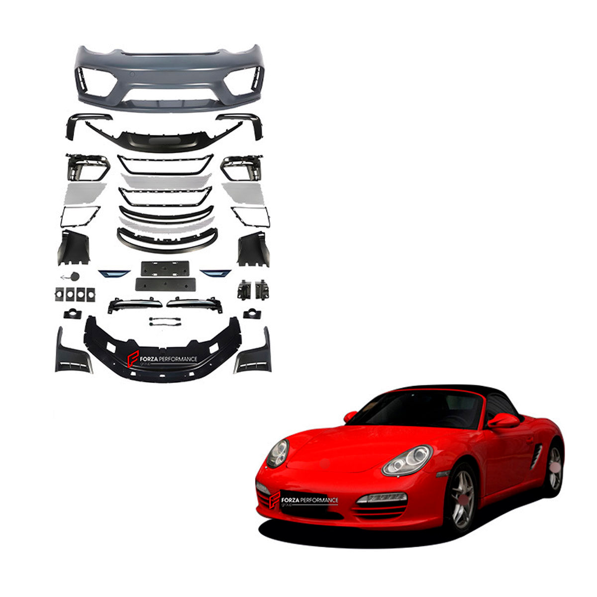 CONVERSION UPGRADE FACELIFT OLD TO NEW BODY KIT for Porsche Cayman 987 2005 - 2013 to 718 982 GT4 2016+
Set includes:

Front Lip
Front Bumper Air Vent Trims
Front Bumper Fins
Front Grille
Led Light Covers / Front Fascia Attachments
License Plate
Rear Bumper Assembly
Rear Diffuser
Material: Plastic

NOTE: Professional installation is required.