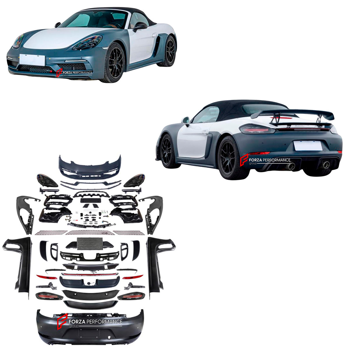 CONVERSION BODY KIT for PORSCHE CAYMAN BOXSTER 981 2012 - 2016 upgrade to 718 BOXSTER CAYMAN 982 GTS 2017 - 2025

Set includes:

Front Bumper Assembly

Headlights
Front Fenders
Side Skirts
Taillights
Rear Bumper Assembly


Material: Plastic

Note: Professional installation is required