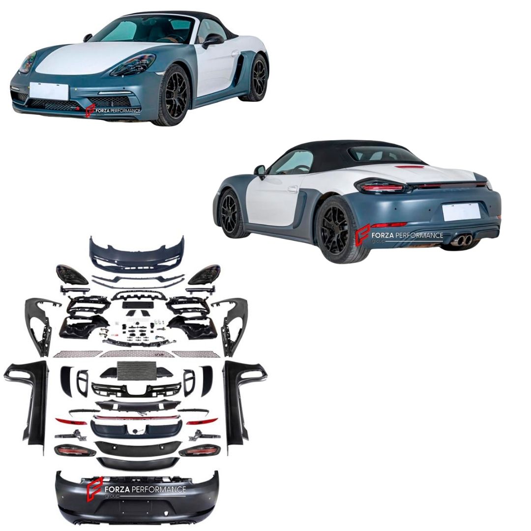 CONVERSION 718 982 GTS BODY KIT for PORSCHE CAYMAN BOXSTER 981 2012 - 2016
Set includes:

Front Bumper Assembly
Headlights
Front Fenders
Side Skirts
Taillights
Rear Bumper Assembly
Material: Plastic

NOTE: Professional installation is required.