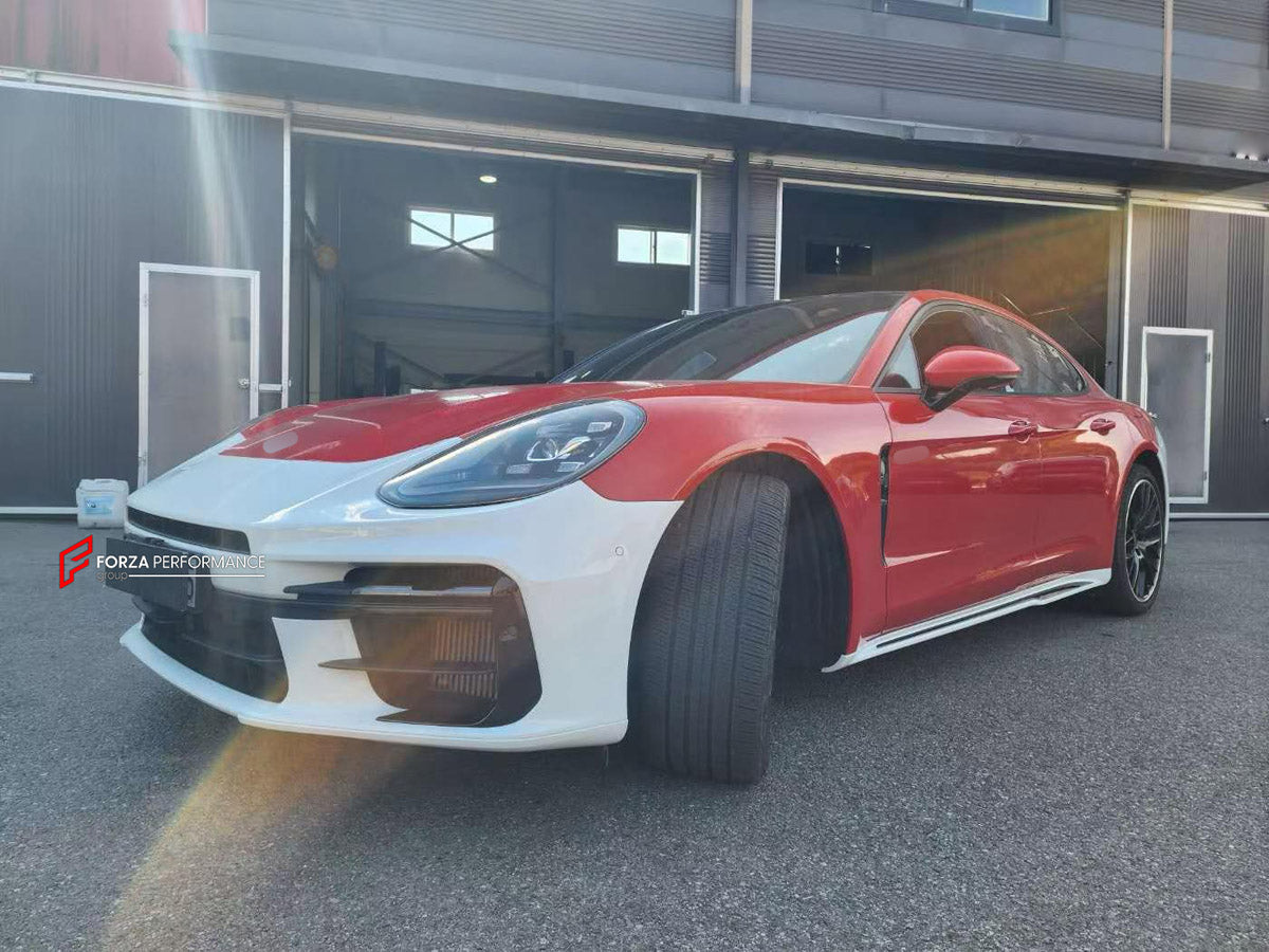 CONVERSION BODY KIT for PORSCHE PANAMERA G2 971 2016 - 2024 UPGRADE to PANAMERA TURBO G3 972 976 2024+ FORZA PERFORMANCE custom fit Turbo Style

Set includes:
Front Lip
Front Bumper Assembly
Side Skirts
Rear Bumper Assembly
Rear Diffuser

Material: Plastic

NOTE: Professional installation is required.