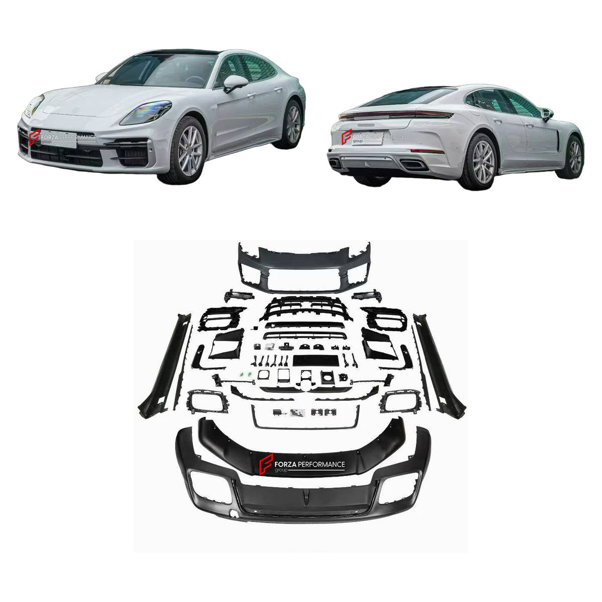 CONVERSION BODY KIT for PORSCHE PANAMERA G3 972 976 2024+ UPGRADE to TURBO 2024+ FORZA PERFORMANCE custom fit Turbo Style

Set includes:
Front Lip
Front Bumper Assembly
Side Skirts
Rear Bumper Assembly
Rear Diffuser

Material: Plastic

NOTE: Professional installation is required.