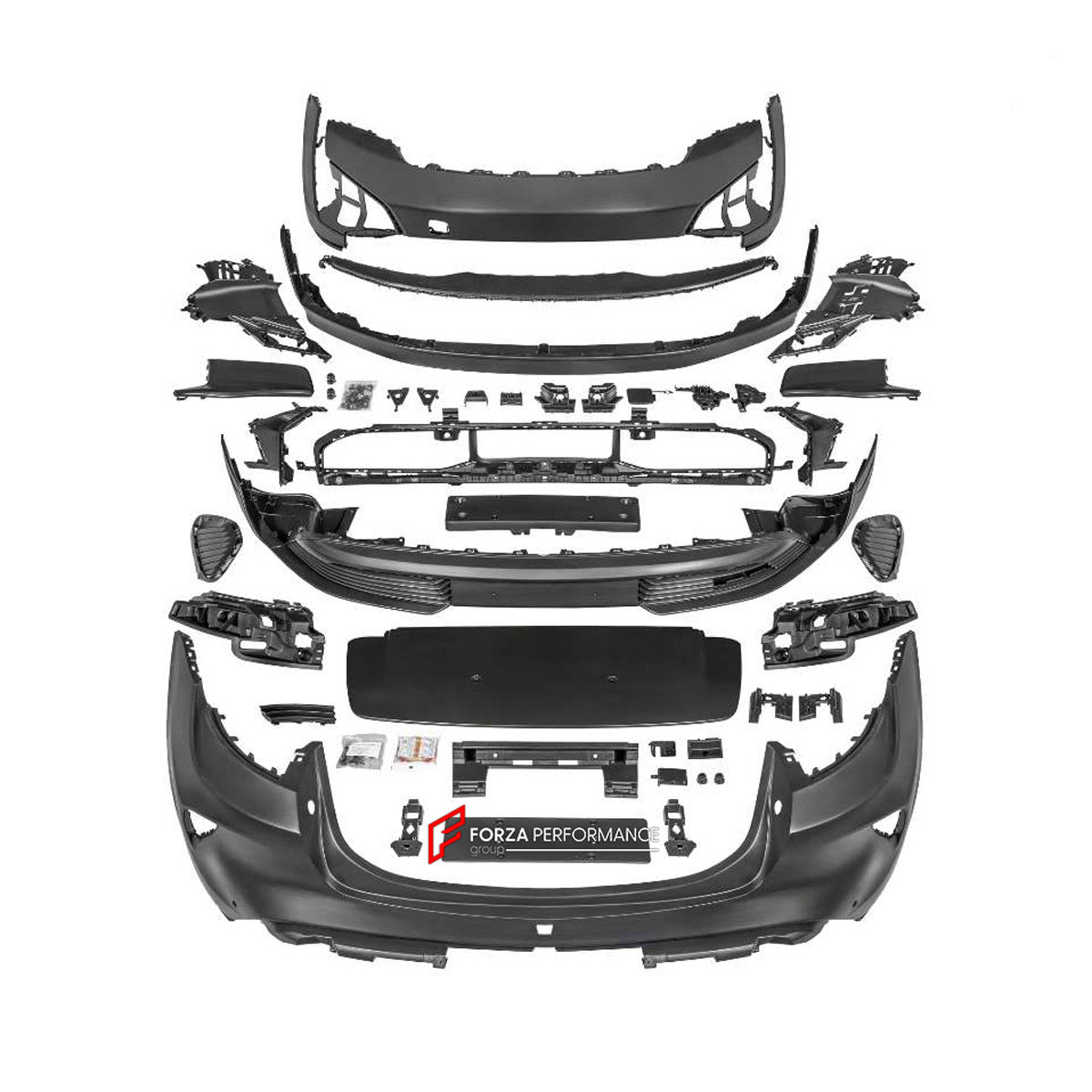 CONVERSION BODY KIT for PORSCHE TAYCAN 9J1.1 2020 - 2024 UPGRADE to TAYCAN TURBO GT 9J1.2 2024+ FORZA PERFORMANCE custom fit Turbo GT Style

Set includes:
Front Lip
Front Bumper Assembly
Rear Bumper Assembly
Rear Diffuser

Material: Plastic

NOTE: Professional installation is required.