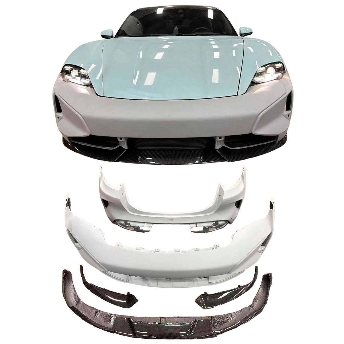 CONVERSION BODY KIT for PORSCHE TAYCAN J1.1 2020 - 2024 UPGRADE to PORSCHE TAYCAN TURBO J1.2 2025+ FACELIFT

Set includes:

Carbon Front Lip
Front Bumper

Rear Bumper


Material: Plastic
