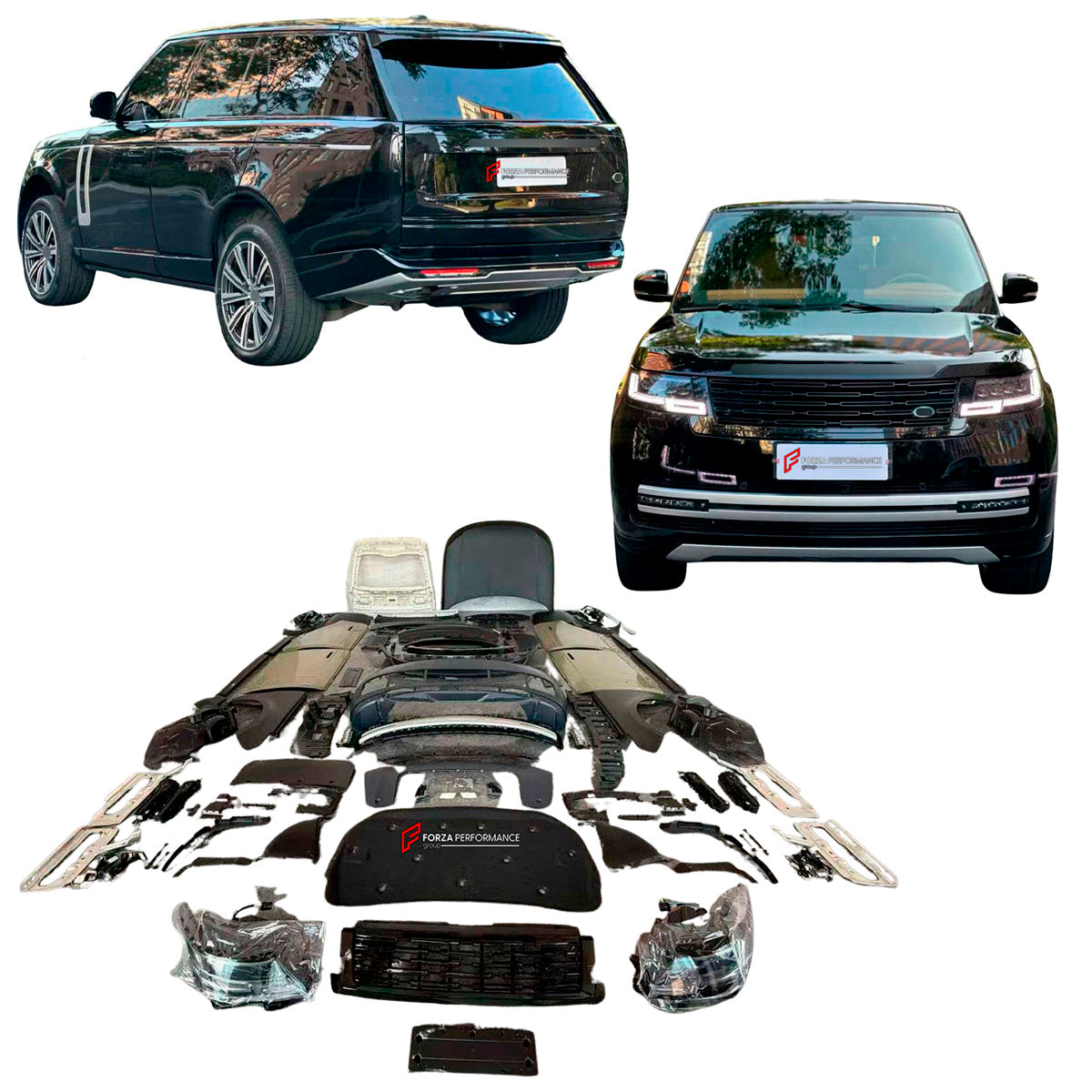CONVERSION UPGRADE FACELIFT OLD TO NEW BODY KIT for Land Rover Range Rover Vogue L405 2012 - 2017 to Vogue L460 2021+
Set includes:

Front Lip
Front Bumper Assembly
Front Grille
Hood Bonnet
Front Fenders
Side Skirts
Door Panels
Body Side Door Moldings
Rear Fenders
Roof Spoiler
Rear Bumper Assembly
Rear Diffuser
Material: Plastic

NOTE: Professional installation is required.
