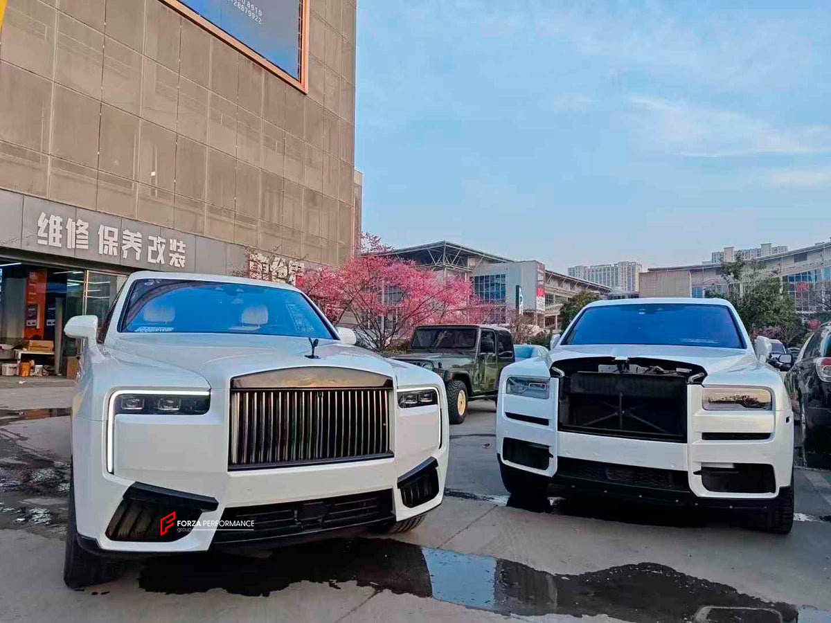 CONVERSION BODY KIT for ROLLS-ROYCE CULLINAN SERIES 1 2018 - 2025 UPGRADE to SERIES 2 FACELIFT 2025+

Set includes:

Front Bumper Assembly
Grille Frame
Front Grille
Headlights
Rear Bumper
Exhaust Tips
Material: Plastic

NOTE: Professional installation is required. When purchase inform us if you have night vision camera or not. Fender trimming is required. Headlights are available with or without AFS (Adaptive Front-lighting System) - the kit price depends on the headlights version.