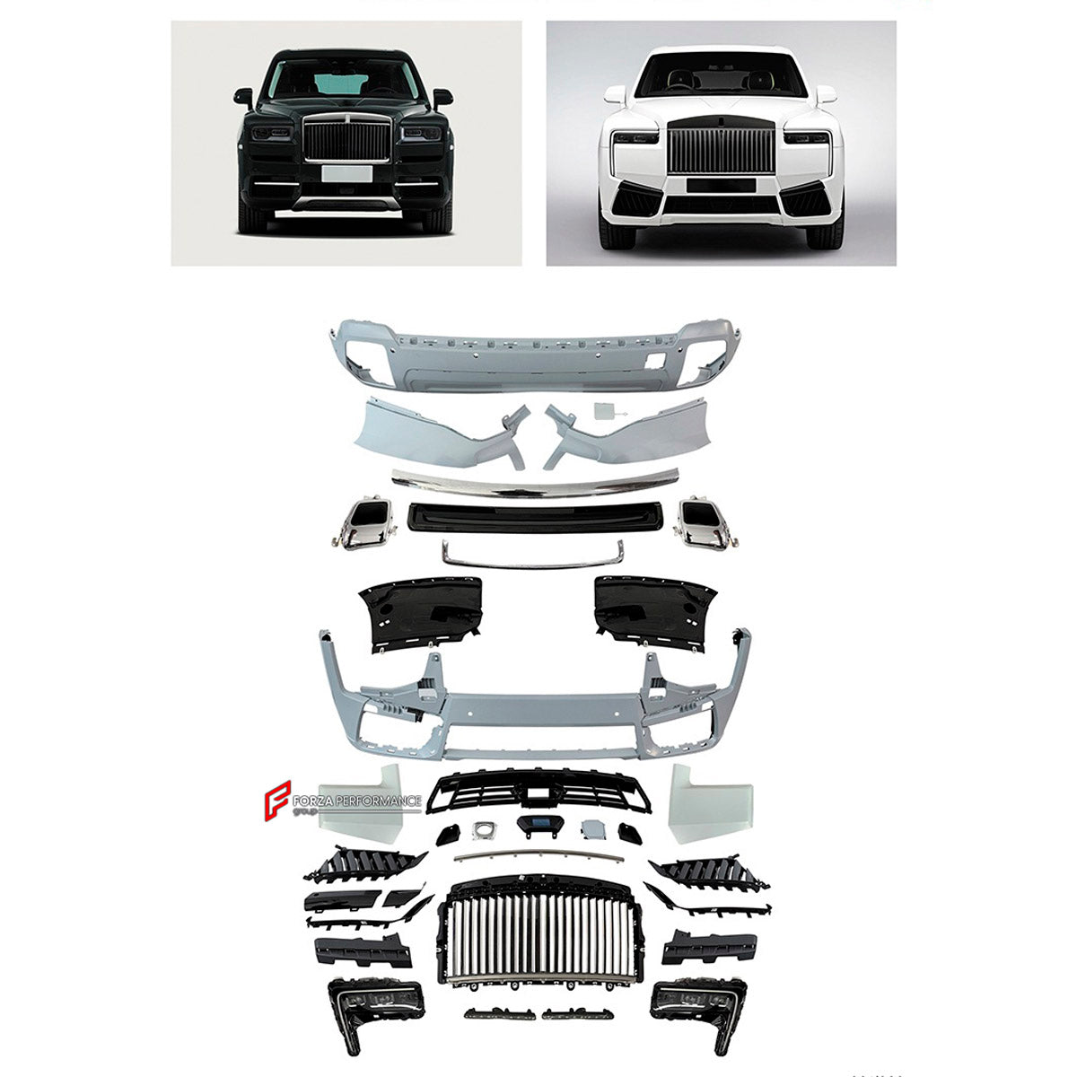CONVERSION UPGRADE FACELIFT OLD TO NEW BODY KIT for Rolls-Royce Cullinan 2019 - 2024 to Cullinan 2025+
Set includes:

Front Bumper Assembly
Front Grille
Rear Bumper Assembly
Exhaust Tips
Material: Plastic

NOTE: Professional installation is required.
