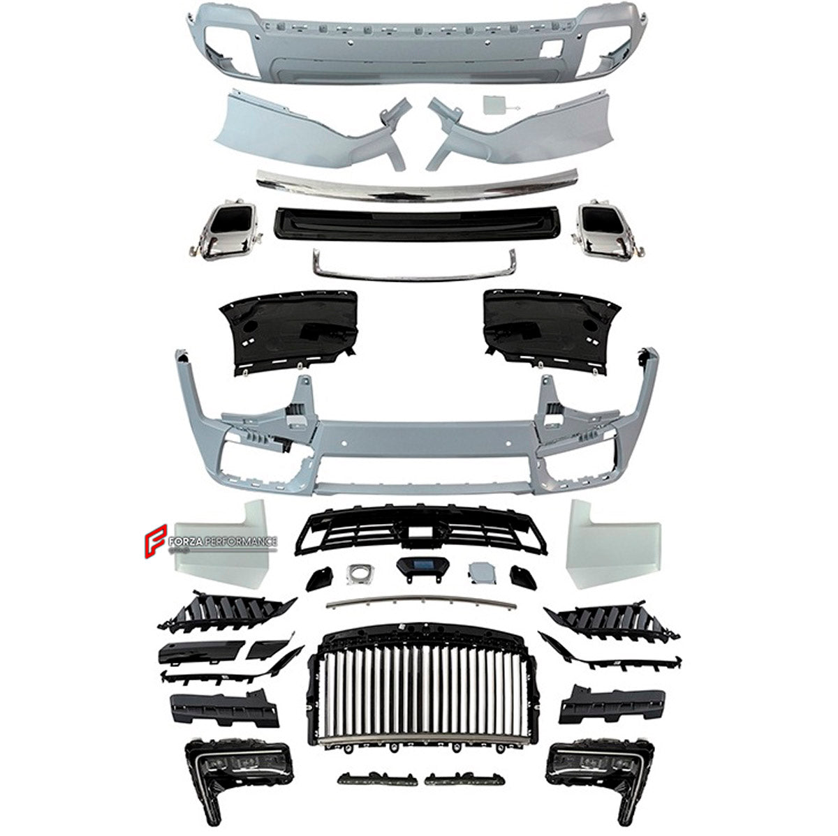 CONVERSION UPGRADE FACELIFT OLD TO NEW BODY KIT for Rolls-Royce Cullinan 2019 - 2024 to Cullinan 2025+
Set includes:

Front Bumper Assembly
Front Grille
Rear Bumper Assembly
Exhaust Tips
Material: Plastic

NOTE: Professional installation is required.
