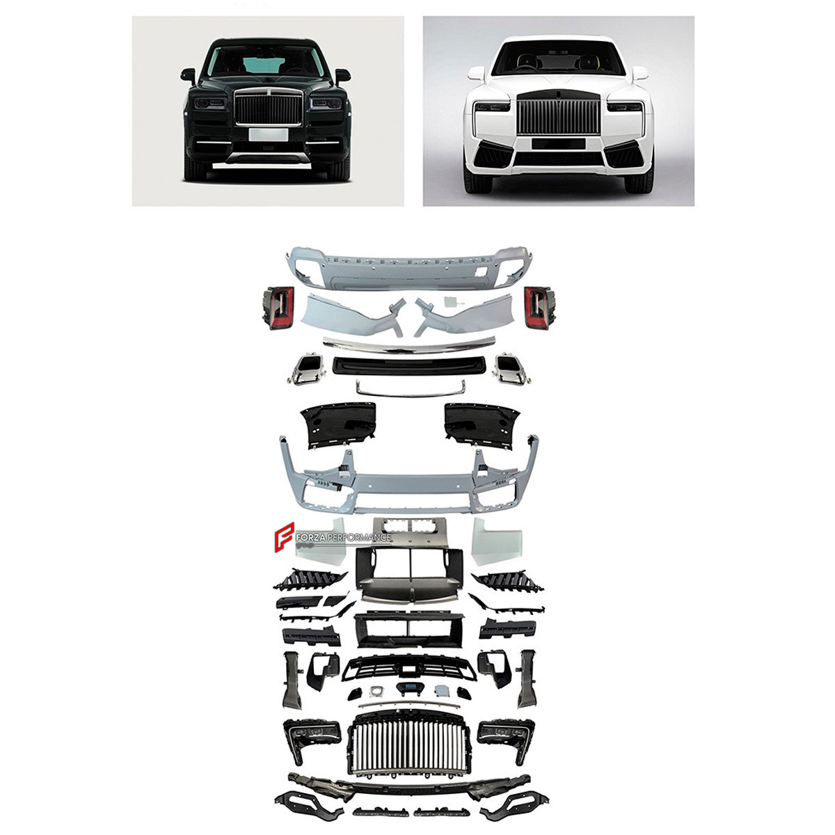 CONVERSION UPGRADE FACELIFT OLD TO NEW BODY KIT for Rolls-Royce Cullinan 2019 - 2024 to Cullinan 2025+
Set includes:

Front Lip
Front Bumper Assembly
Front Grille
Rear Bumper Assembly
Exhaust Tips
Material: Plastic

NOTE: Professional installation is required.