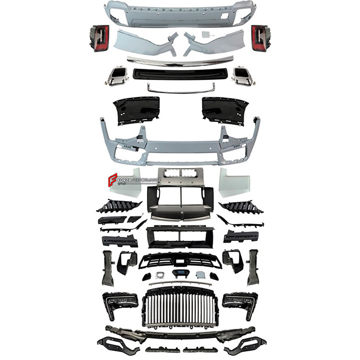 CONVERSION UPGRADE FACELIFT OLD TO NEW BODY KIT for Rolls-Royce Cullinan 2019 - 2024 to Cullinan 2025+
Set includes:

Front Lip
Front Bumper Assembly
Front Grille
Rear Bumper Assembly
Exhaust Tips
Material: Plastic

NOTE: Professional installation is required.